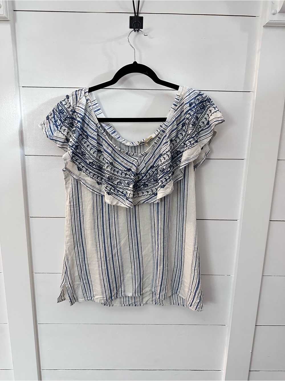 NEW Democracy S blue stripe linen blend off the shoulder top coastal vacation - Picture 2 of 14